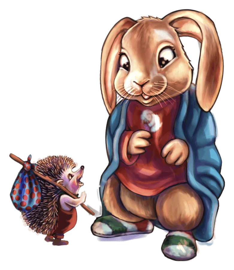Floppy the rabbit standing with his hedgehog friend
